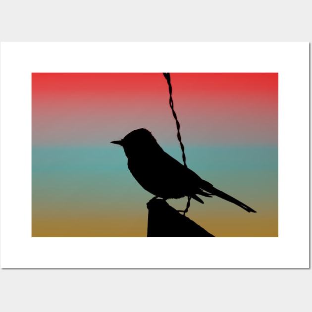 Black Phoebe on Sign Silhouette on Tuscan Sunset Wall Art by ButterflyInTheAttic